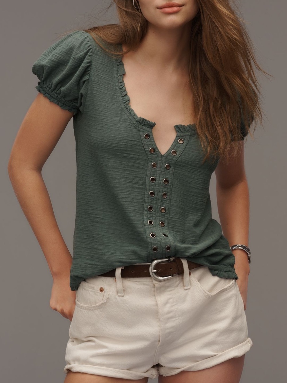 PILCRO➕ANTHROPOLOGIE Puff Sleeve Grommet Top NWT